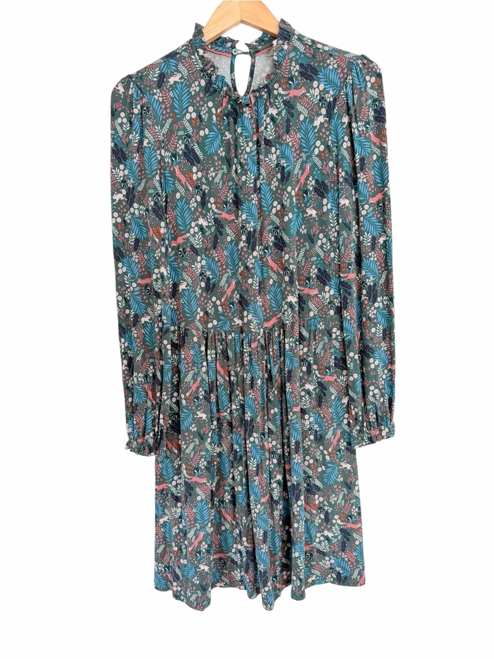 BODEN Woodland Frolic Green Floral Fox Bunny Print Long Sleeve Dress Sz 10 - Picture 4 of 10